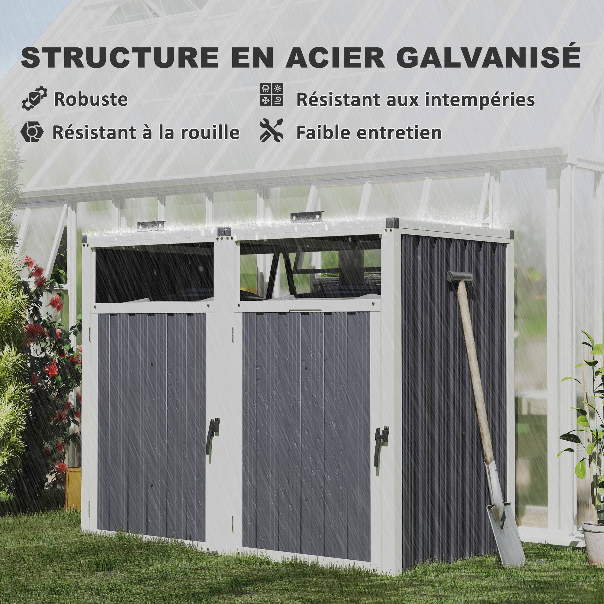 Abri pour 2 poubelles 240L cache poubelle extérieur couvercle relevable 180° acier galvanisé 146x81x122cm gris foncé - Image 8