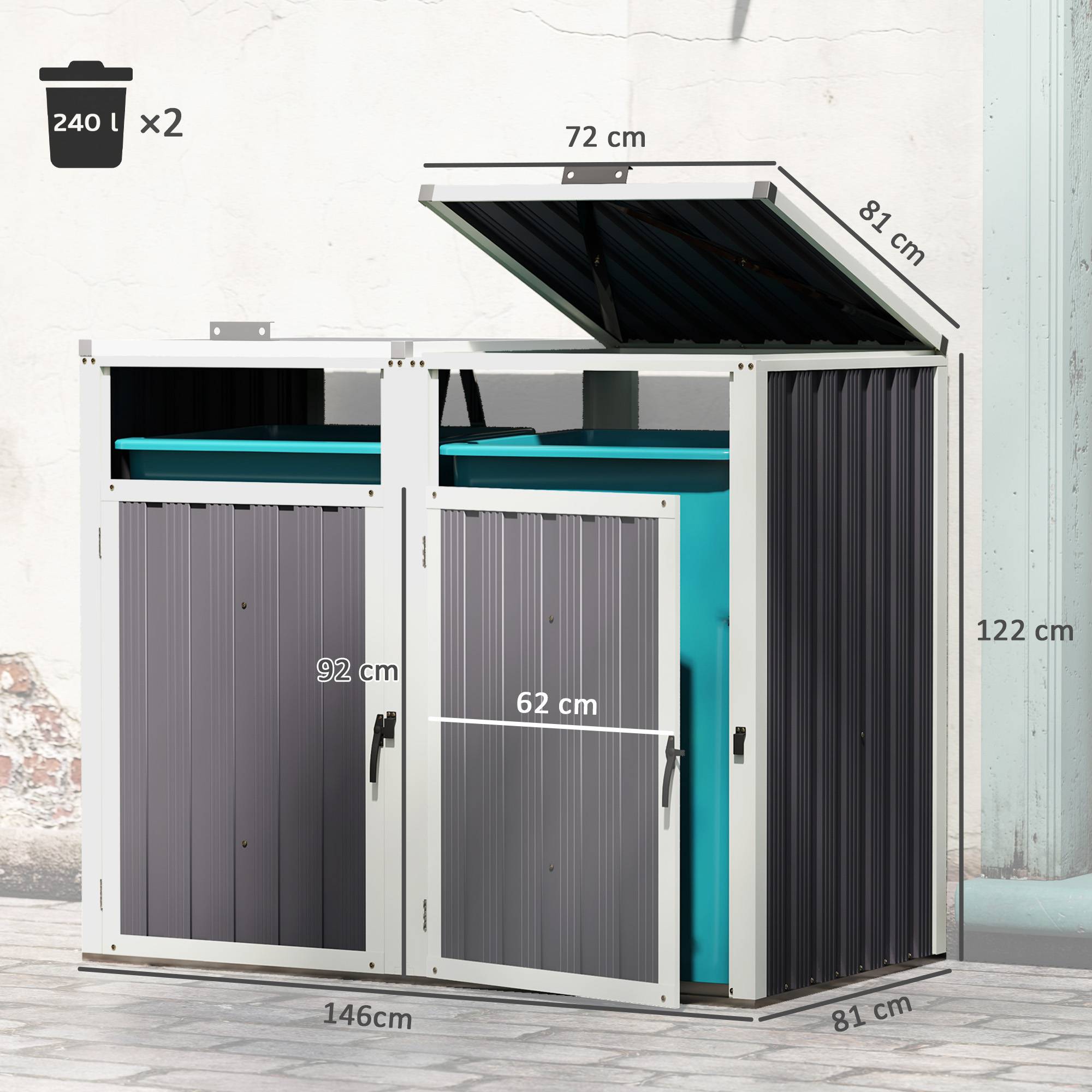 Abri pour 2 poubelles 240L cache poubelle extérieur couvercle relevable 180° acier galvanisé 146x81x122cm gris foncé - Image 5