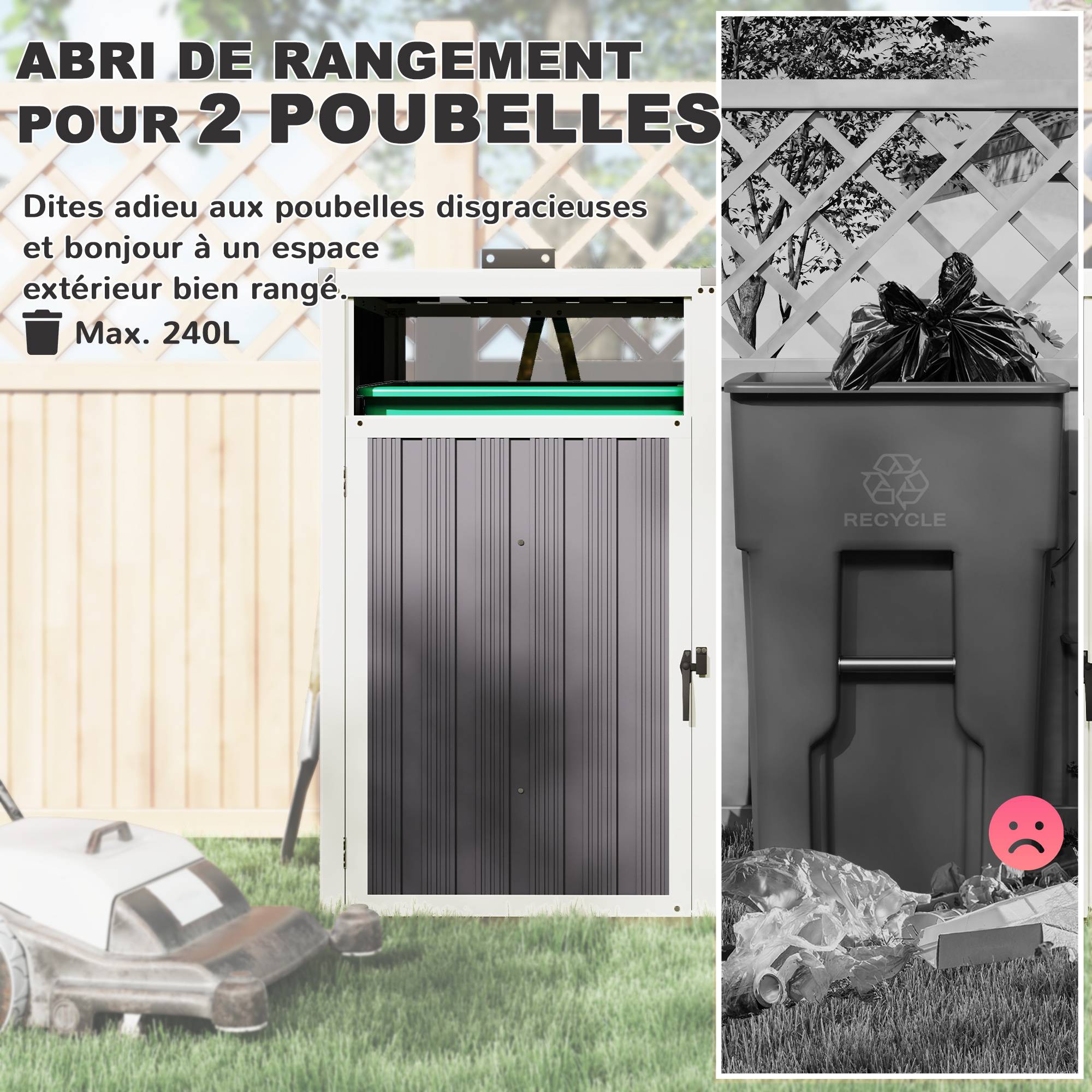 Abri pour 2 poubelles 240L cache poubelle extérieur couvercle relevable 180° acier galvanisé 146x81x122cm gris foncé - Image 6