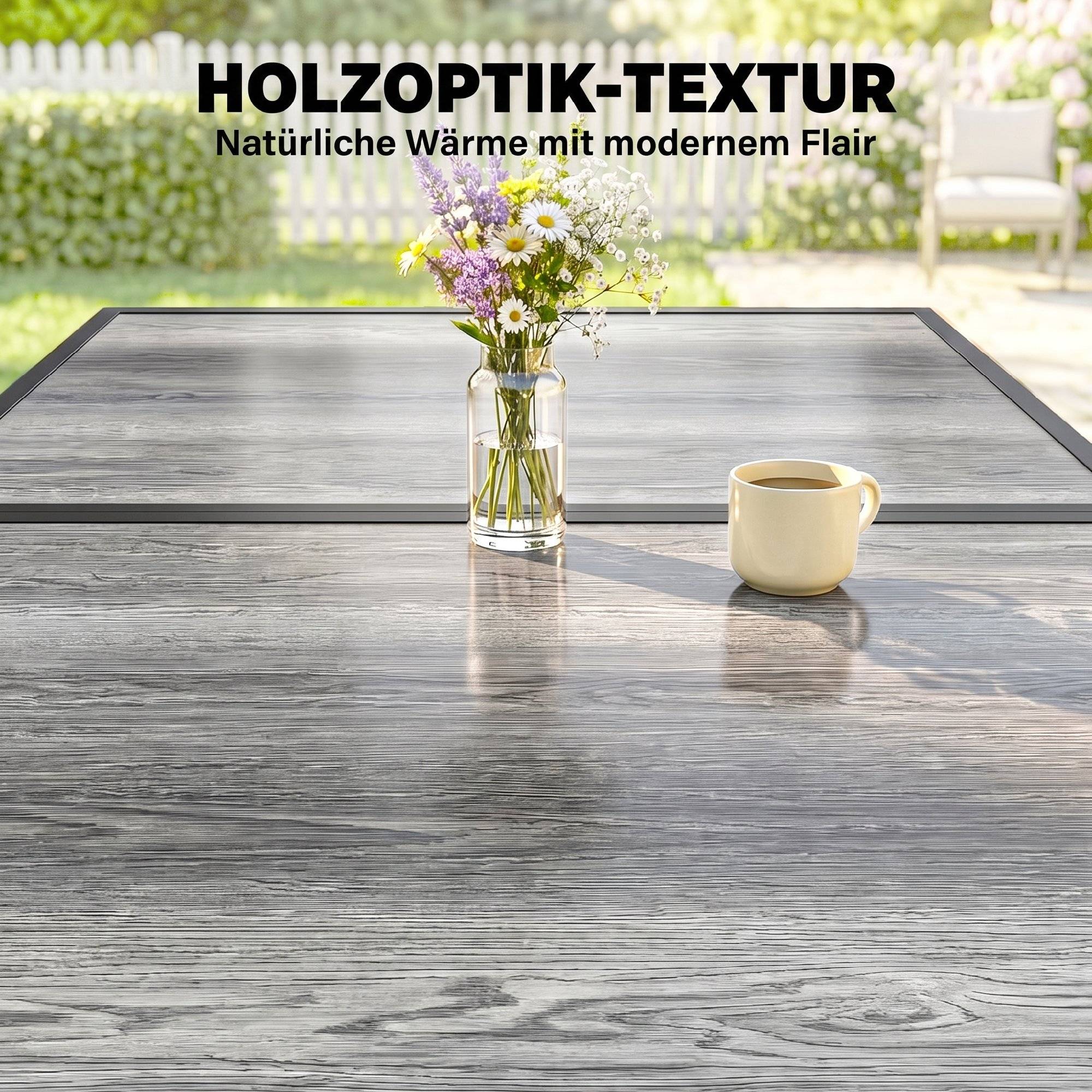 Sans Marque - Table de jardin pour 4 à 6 personnes, table à manger extérieure avec plateau à effet bois, 150 x 80 x 74 cm, gris - Image 7