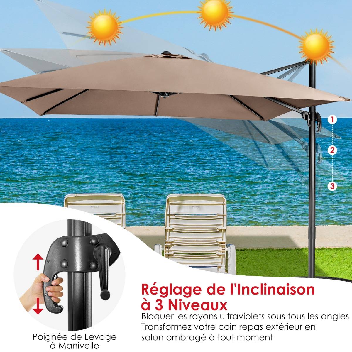 Parasol Déporté Inclinable 3x3M avec Base Croisée Rotation à 360° Manivelle 8 Baleines Event pour Jardin Terrasse Café MAISON CHIC - Image 7