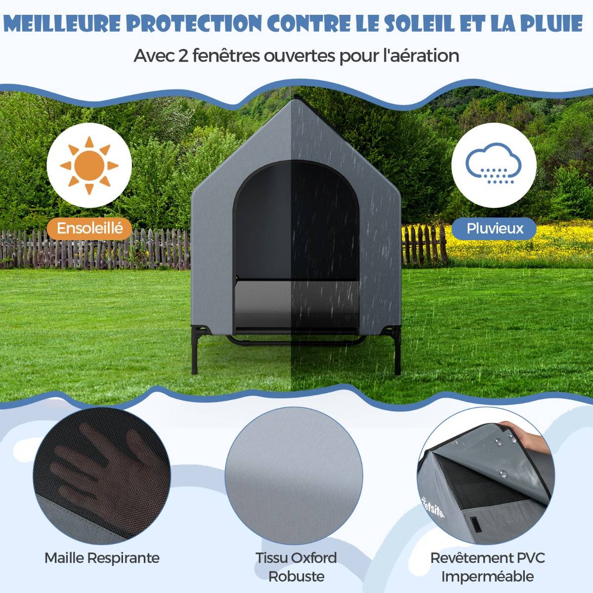 Niche Surélevée de 132 cm pour Petits Chiens Fenêtre Ventilée Housse Amovible Intérieur Extérieur Lit pour Animaux de Compagnie Gris - Image 6