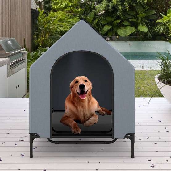 Niche Surélevée de 132 cm pour Petits Chiens Fenêtre Ventilée Housse Amovible Intérieur Extérieur Lit pour Animaux de Compagnie Gris - Image 3