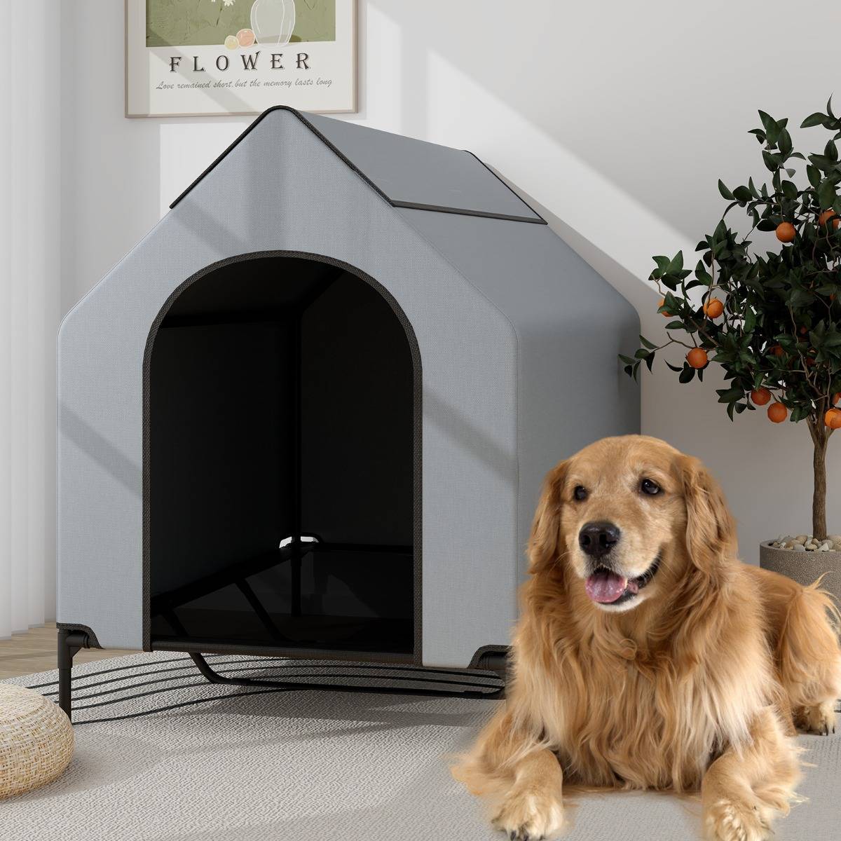 Niche Surélevée de 132 cm pour Petits Chiens Fenêtre Ventilée Housse Amovible Intérieur Extérieur Lit pour Animaux de Compagnie Gris - Image 4