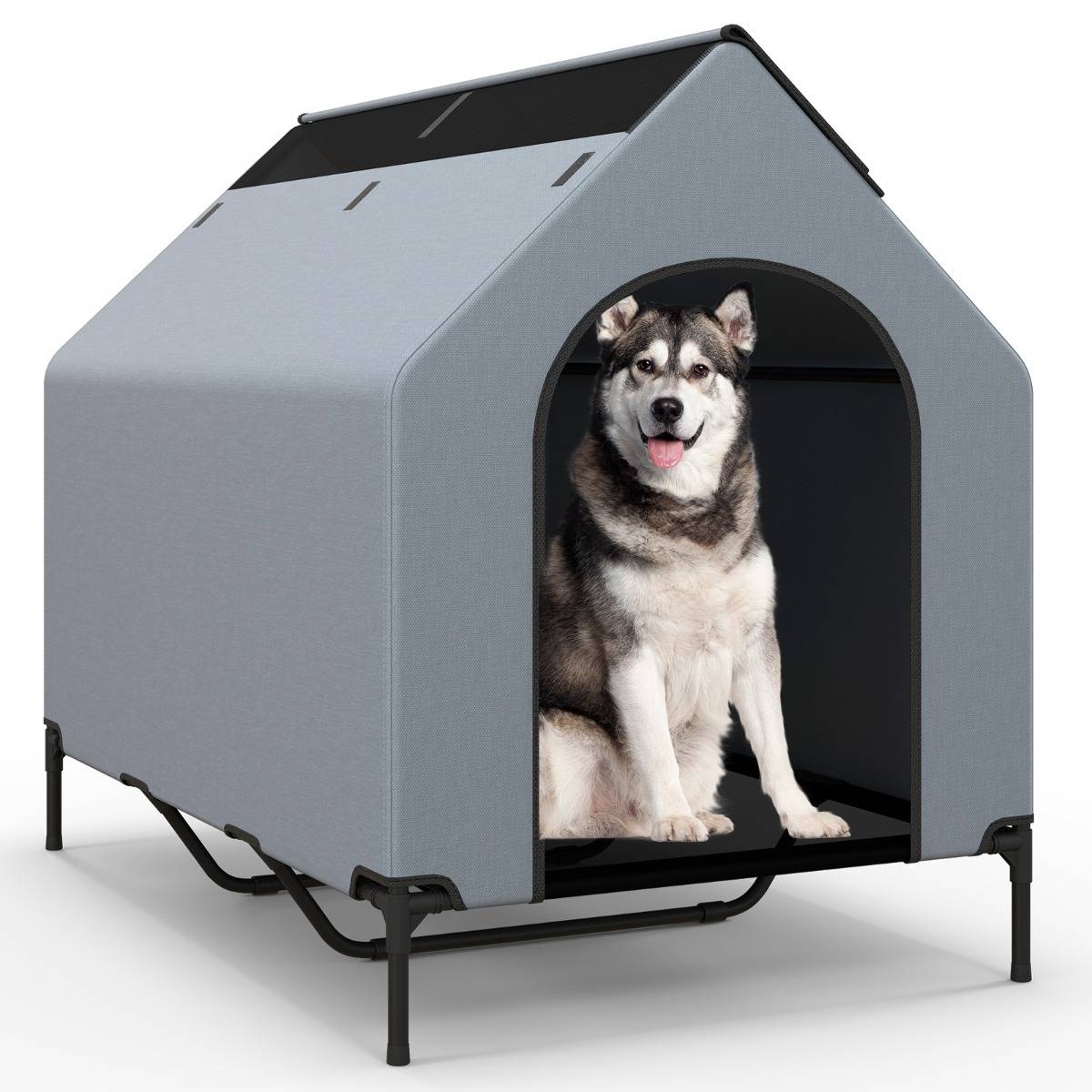 Niche Surélevée de 132 cm pour Petits Chiens Fenêtre Ventilée Housse Amovible Intérieur Extérieur Lit pour Animaux de Compagnie Gris - Image 1