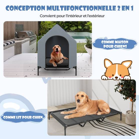 Niche Surélevée de 132 cm pour Petits Chiens Fenêtre Ventilée Housse Amovible Intérieur Extérieur Lit pour Animaux de Compagnie Gris - Image 8
