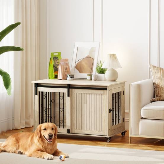Cage pour Chien avec Portes Coulissantes et Roues, Bois et Acier, 100 x 56 x 65 cm, Chêne - PANGIVO - Image 2