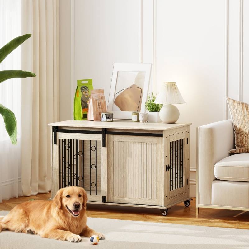 Cage pour Chien avec Portes Coulissantes et Roues, Bois et Acier, 100 x 56 x 65 cm, Chêne - PANGIVO - Image 2
