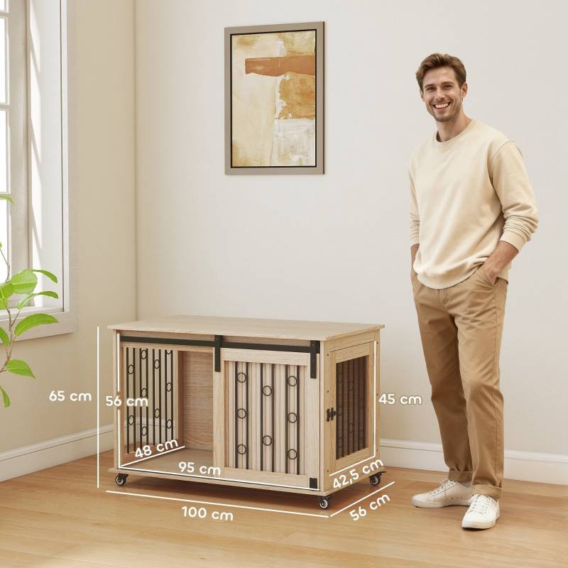 Cage pour Chien avec Portes Coulissantes et Roues, Bois et Acier, 100 x 56 x 65 cm, Chêne - PANGIVO - Image 3