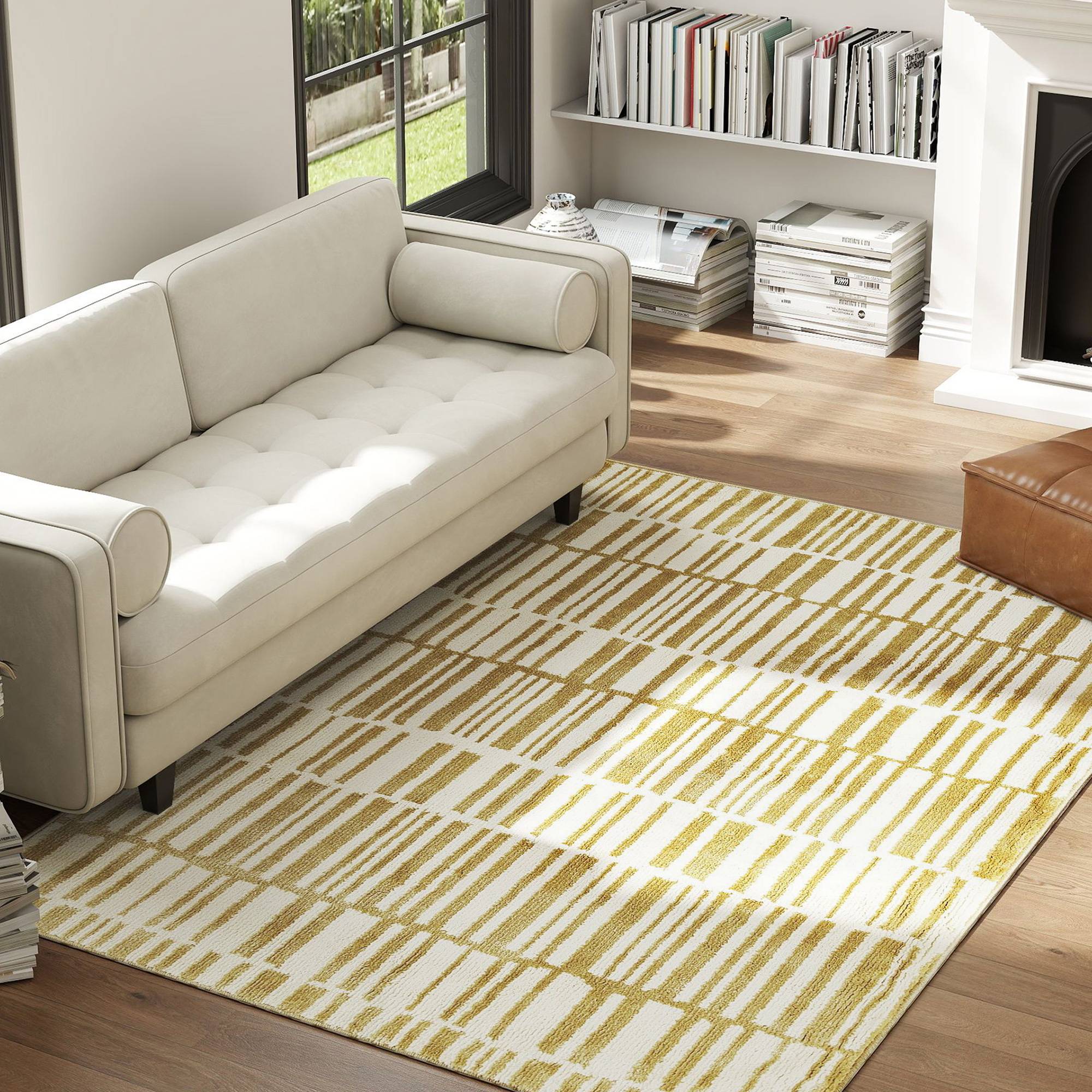 Sans Marque - Tapis salon 170x120 cm lavable machine poils courts style moderne crème salon chambre - Image 3
