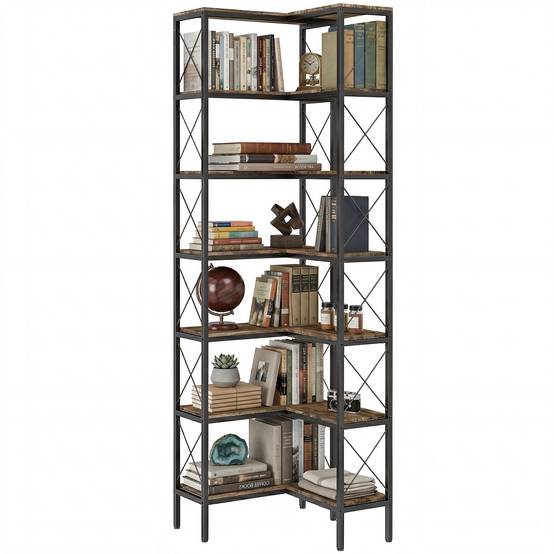 Bibliothèque d'angle en L à 6 niveaux, autoportante, avec structure métallique, brun rustique, 60 x 60 x 200 cm - Image 2