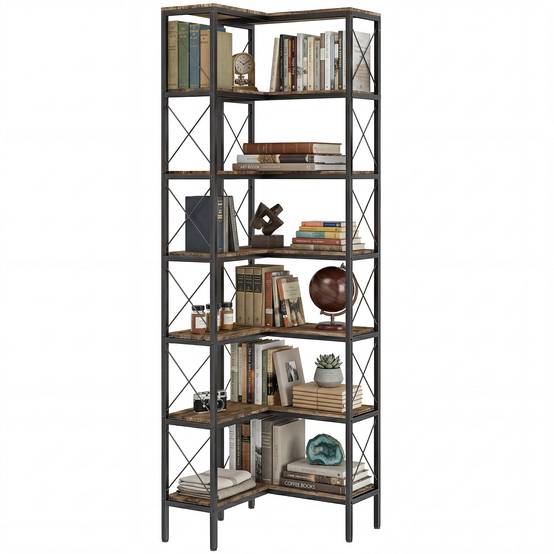 Bibliothèque d'angle en L à 6 niveaux, autoportante, avec structure métallique, brun rustique, 60 x 60 x 200 cm - Image 1