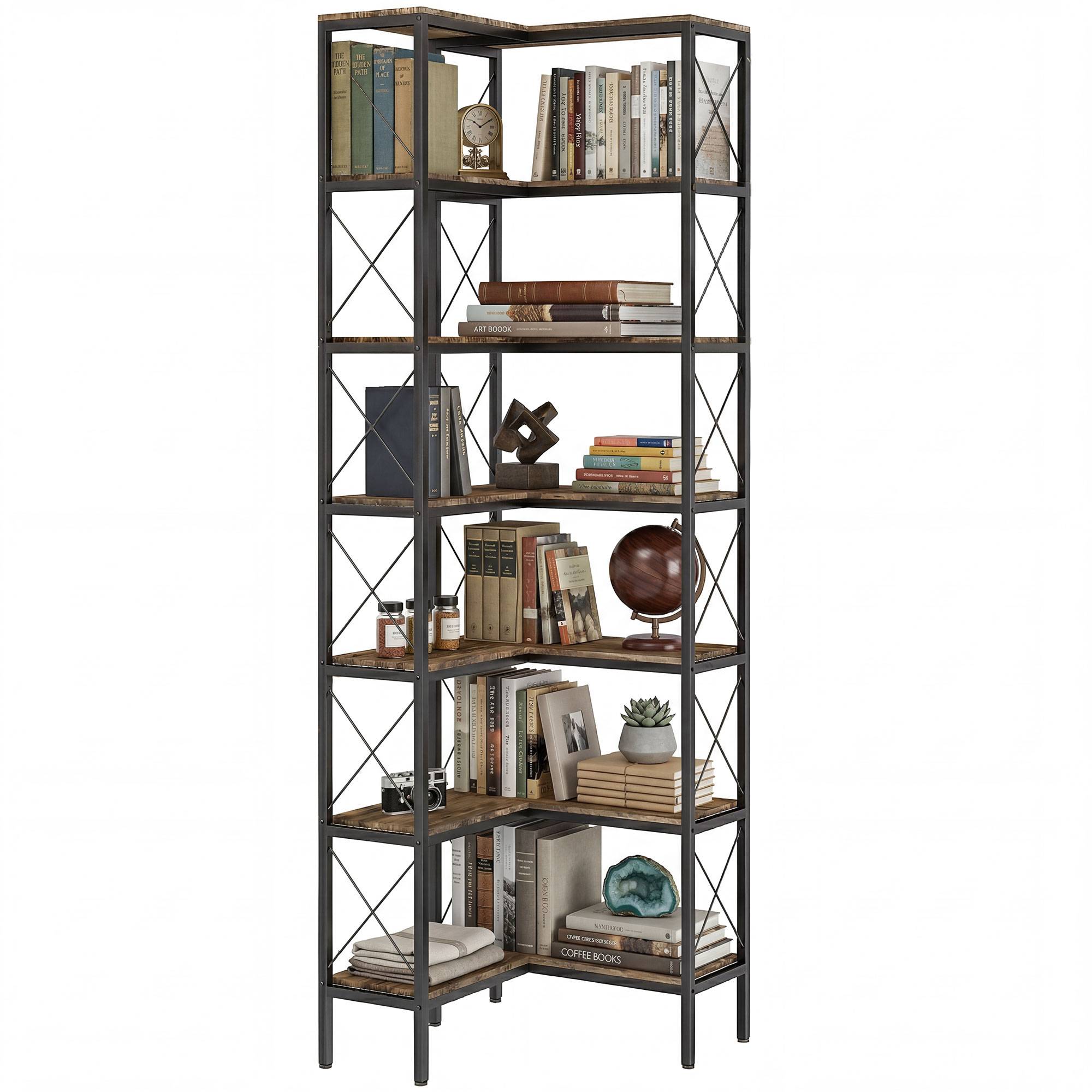 Bibliothèque d'angle en L à 6 niveaux, autoportante, avec structure métallique, brun rustique, 60 x 60 x 200 cm - Image 1