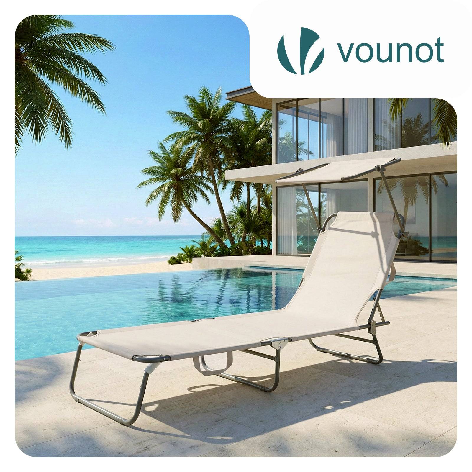 Chaise longue pliante avec pare soleil - Transat 4 positions - Bain de soleil portable en polyester - Beige - VOUNOT® - Image 2