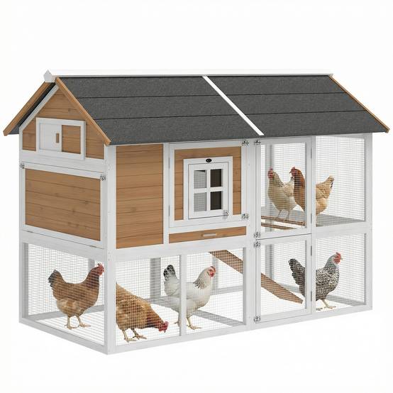 Poulailler en bois avec sortie, nichoir, bac extractible et toit asphalte pour 4 poules 200x104x145cm marron - Image 1