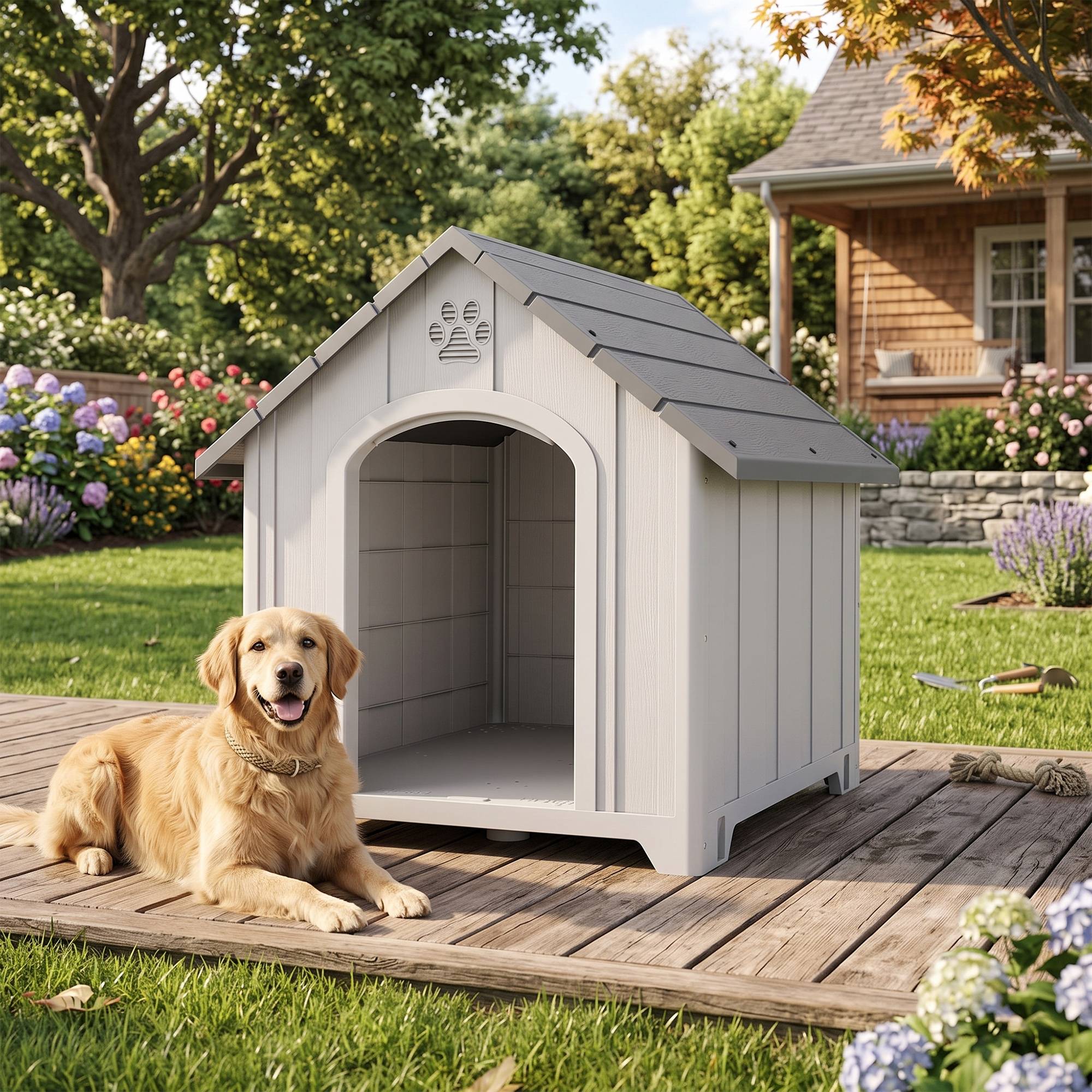 Niche extérieure pour chien polypropylène étanche, ventilée, plancher surélevé, gris clair - Image 10