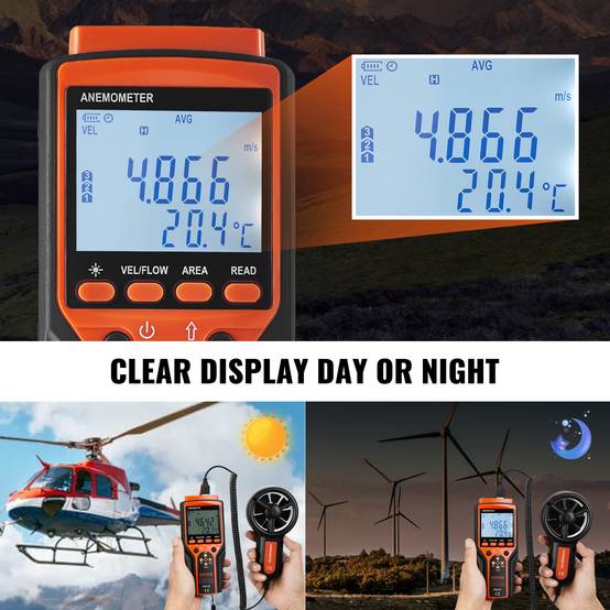 VEVOR Anémomètre portable -10 à 60 °C, mesure vitesse vent CFM. Pour voile, drone, CVC. - Image 5