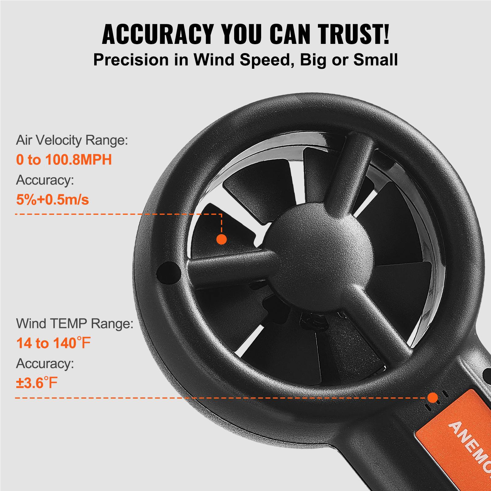VEVOR Anémomètre portable -10 à 60 °C, mesure vitesse vent CFM. Pour voile, drone, CVC. - Image 3
