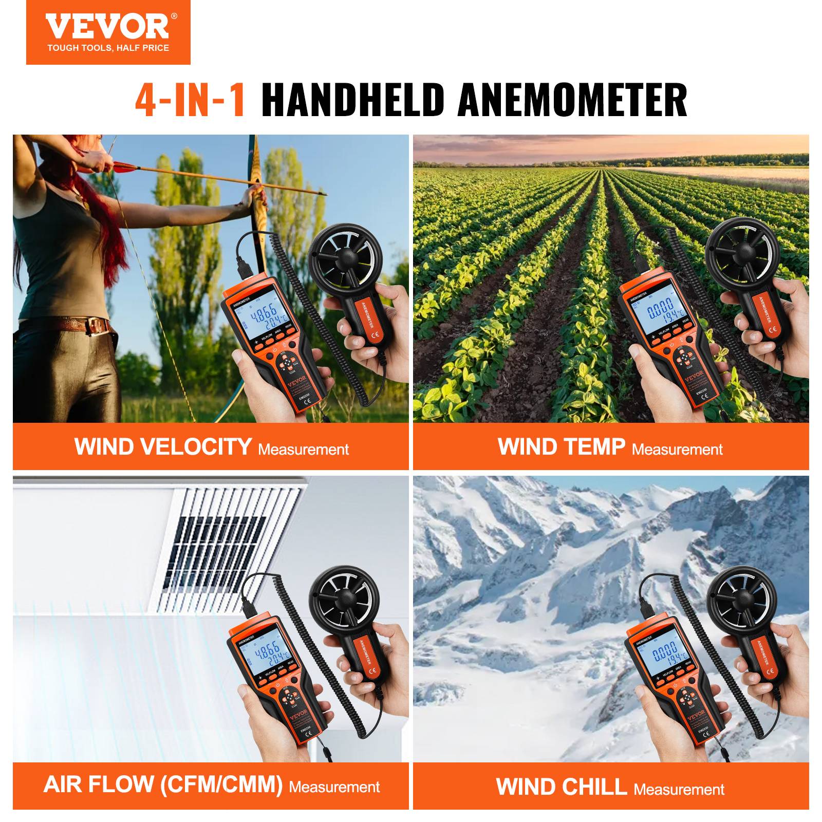 VEVOR Anémomètre portable -10 à 60 °C, mesure vitesse vent CFM. Pour voile, drone, CVC. - Image 2