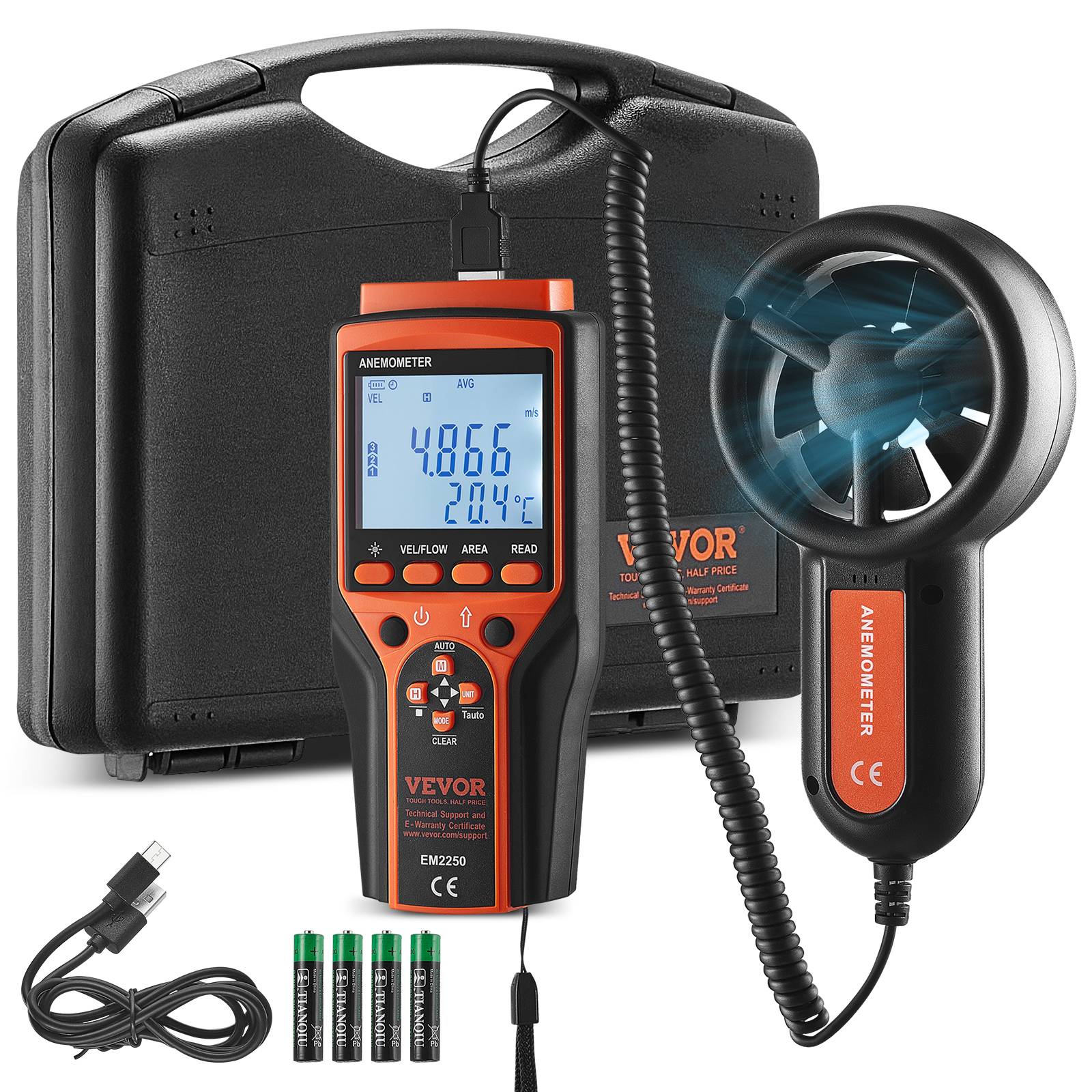 VEVOR Anémomètre portable -10 à 60 °C, mesure vitesse vent CFM. Pour voile, drone, CVC. - Image 1