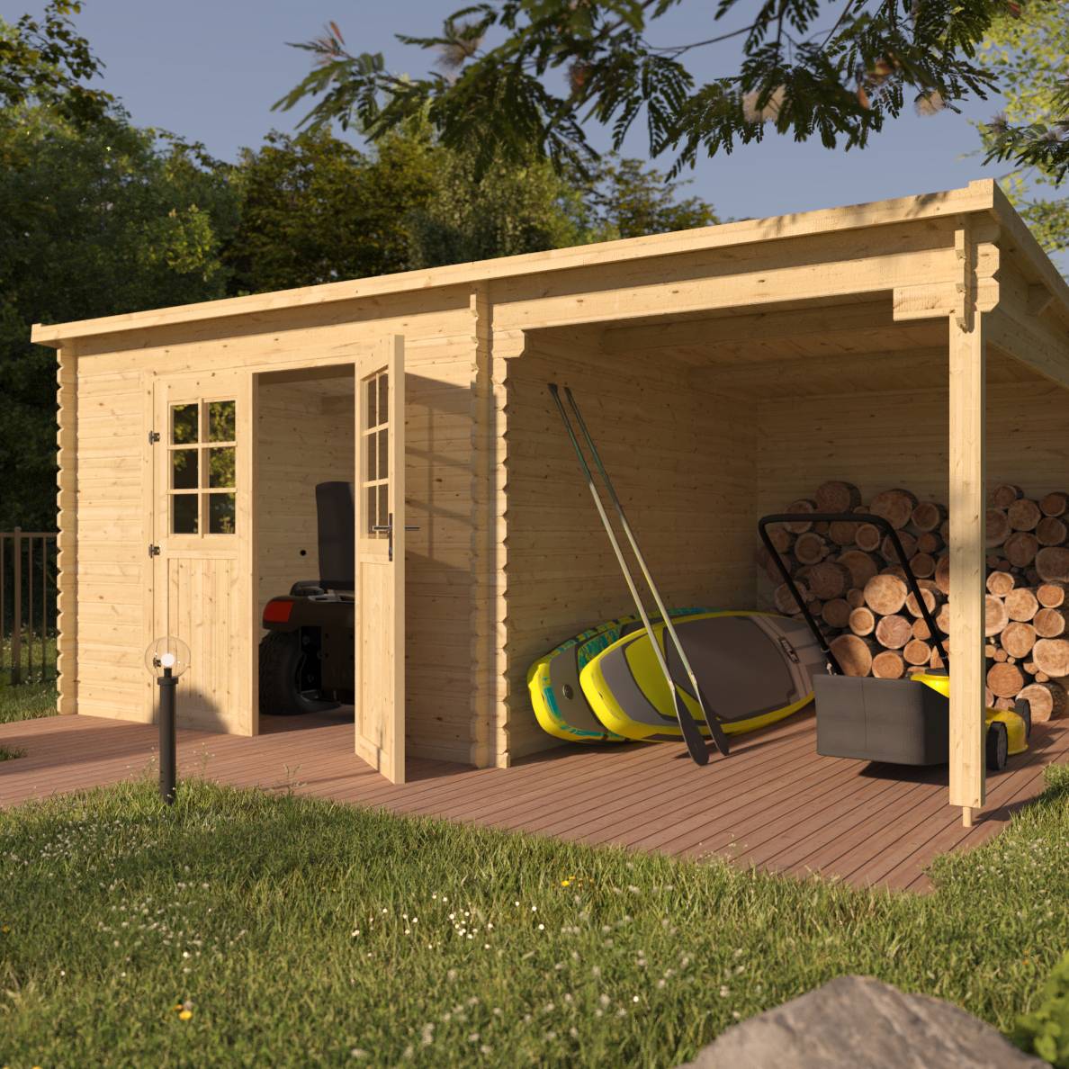 Eden Partenaire Jardin - Abri de jardin en bois mono pente de 7.5m² et auvent de 6m² - Image 1