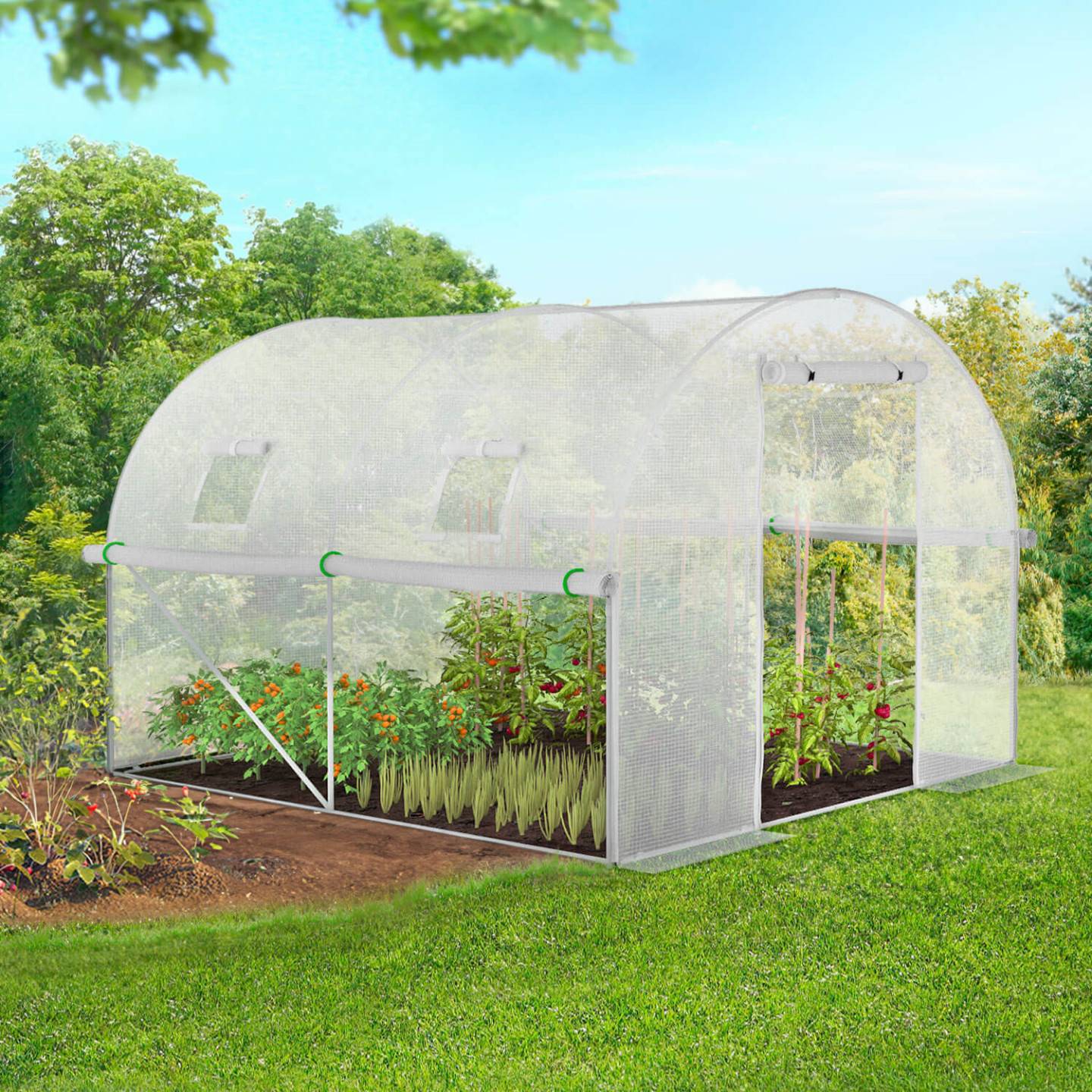 IDMARKET - Bâche de rechange pour serre de jardin tunnel 6m² 3 x 2 x 2 m anti-UV avec porte et fenêtres ROMA blanche toutes saisons - Image 1