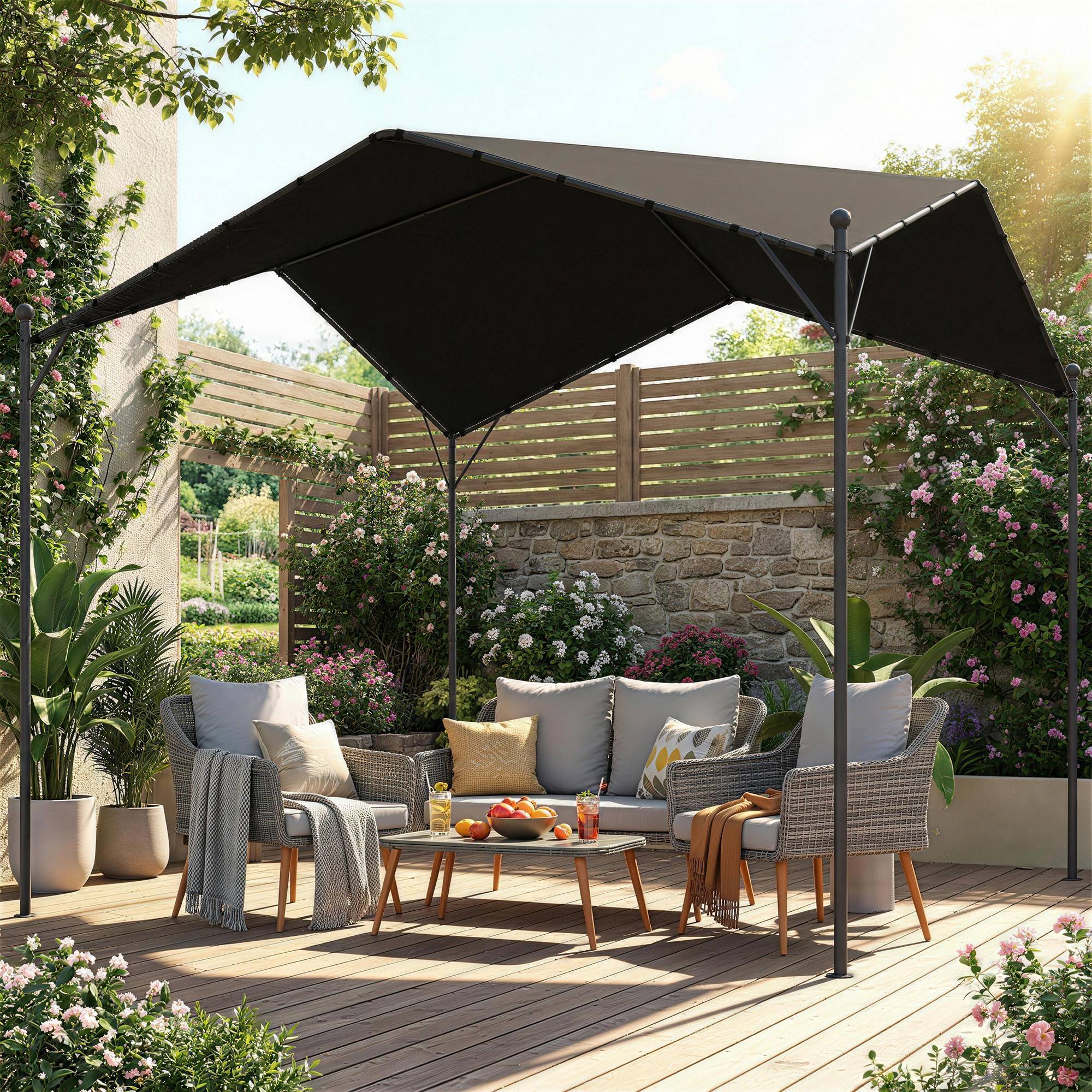 Pergola jardin 3x3 m, toile UPF30+, métal galvanisé, toit incliné, extérieur, gris - Image 4