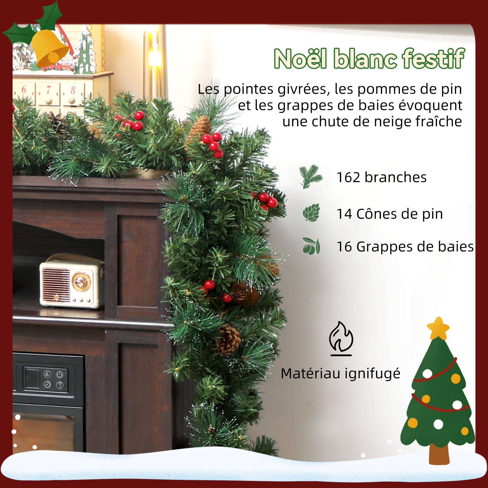 ComfortXL - Guirlande de Noël artificielle en plastique vert enneigé 180 cm 162 branches pour cheminée et décoration intérieure - Image 5
