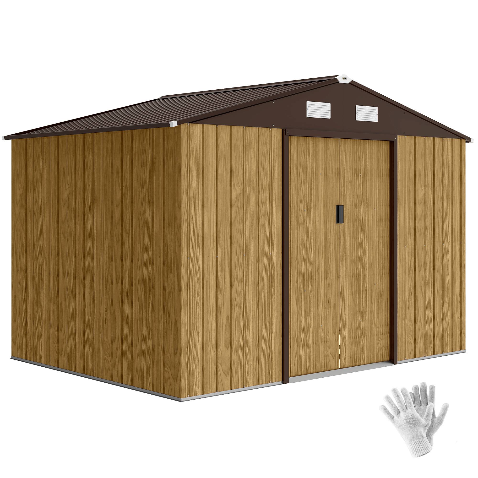Abri de jardin extérieur 4,9 m² (277 x 195 x 192 cm) avec porte coulissante, ventilation et kit de fondation, couleur marron. - Image 1