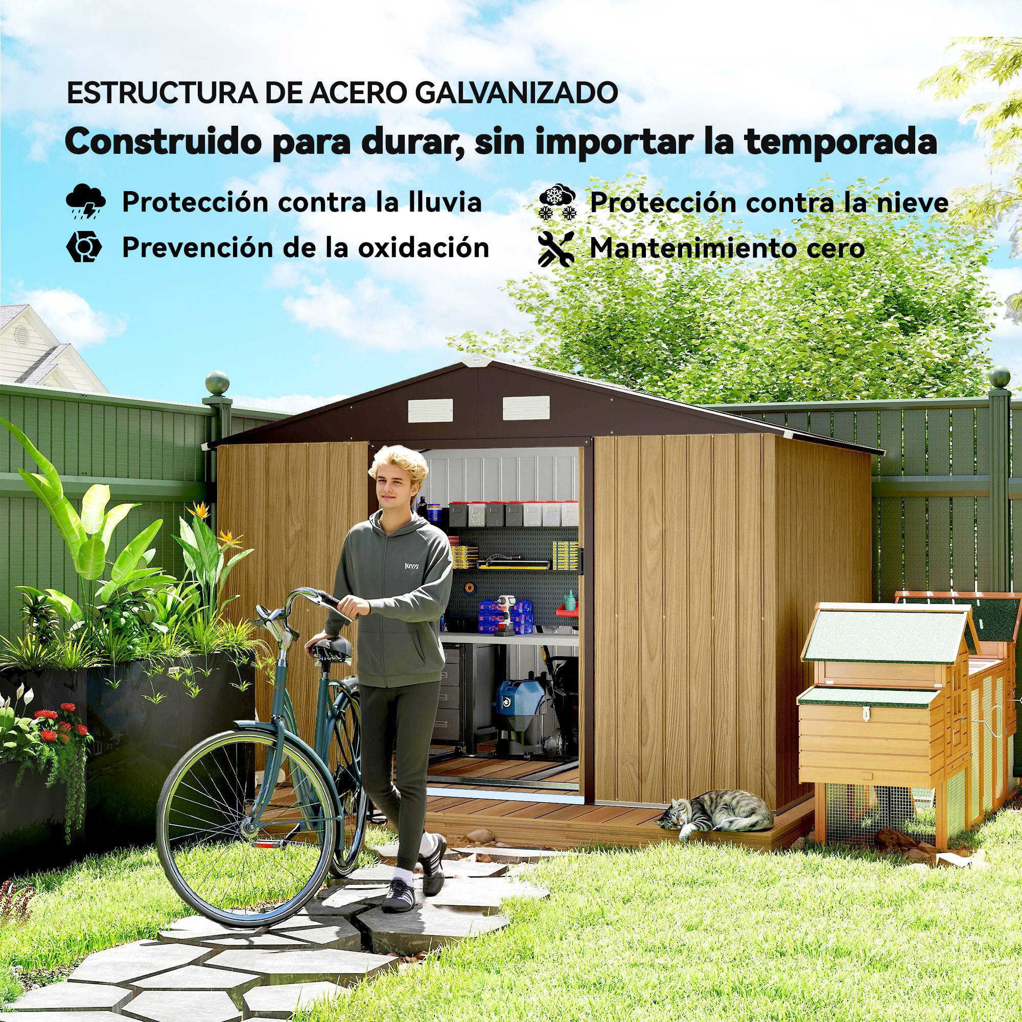 Abri de jardin extérieur 4,9 m² (277 x 195 x 192 cm) avec porte coulissante, ventilation et kit de fondation, couleur marron. - Image 6