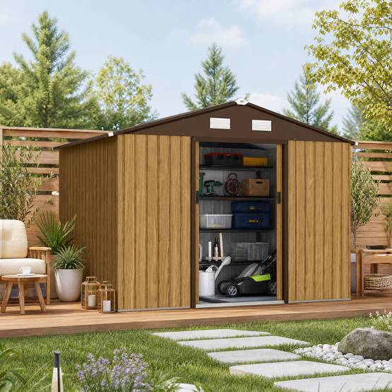 Abri de jardin extérieur 4,9 m² (277 x 195 x 192 cm) avec porte coulissante, ventilation et kit de fondation, couleur marron. - Image 10