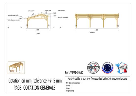 Cpbf Charpentes - Carport deux pentes faitage décalé, 500cmx800cm, bois DOUGLAS Français (Charpente en bois-auvent-abri voiture), 40 m². Garantie 10 ans - Image 2