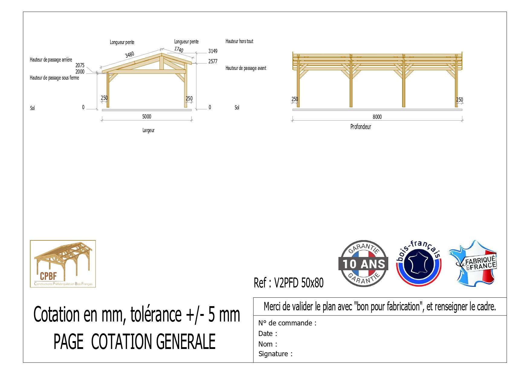 Cpbf Charpentes - Carport  deux pentes faitage décalé, 500cmx800cm, bois DOUGLAS Français  (Charpente en bois-auvent-abri voiture),  40 m². Garantie 10 ans - Image 2