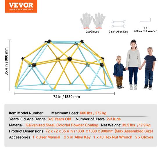 Vevor - VEVOR Dôme d'escalade géométrique enfants 3-9 ans, 183cm, charge 272kg, pour aire de jeu intérieur/extérieur - Image 7