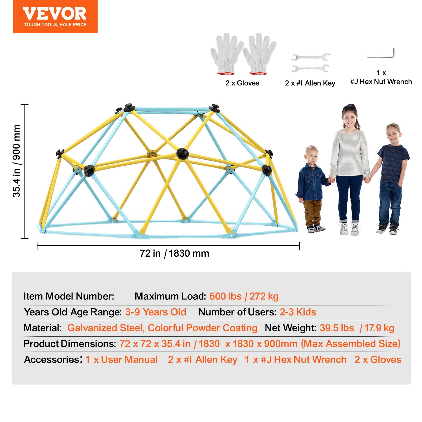Vevor - VEVOR Dôme d'escalade géométrique enfants 3-9 ans, 183cm, charge 272kg, pour aire de jeu intérieur/extérieur - Image 7