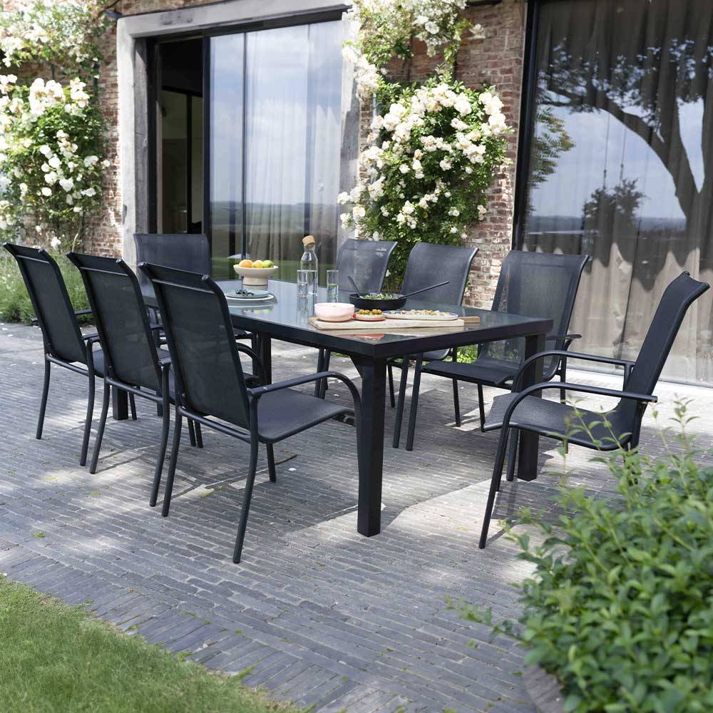 Wilsa Garden - Ensemble BLACKSUN 8p en aluminium, plateau en verre trempé avec 8 fauteuils en textilène - Image 2