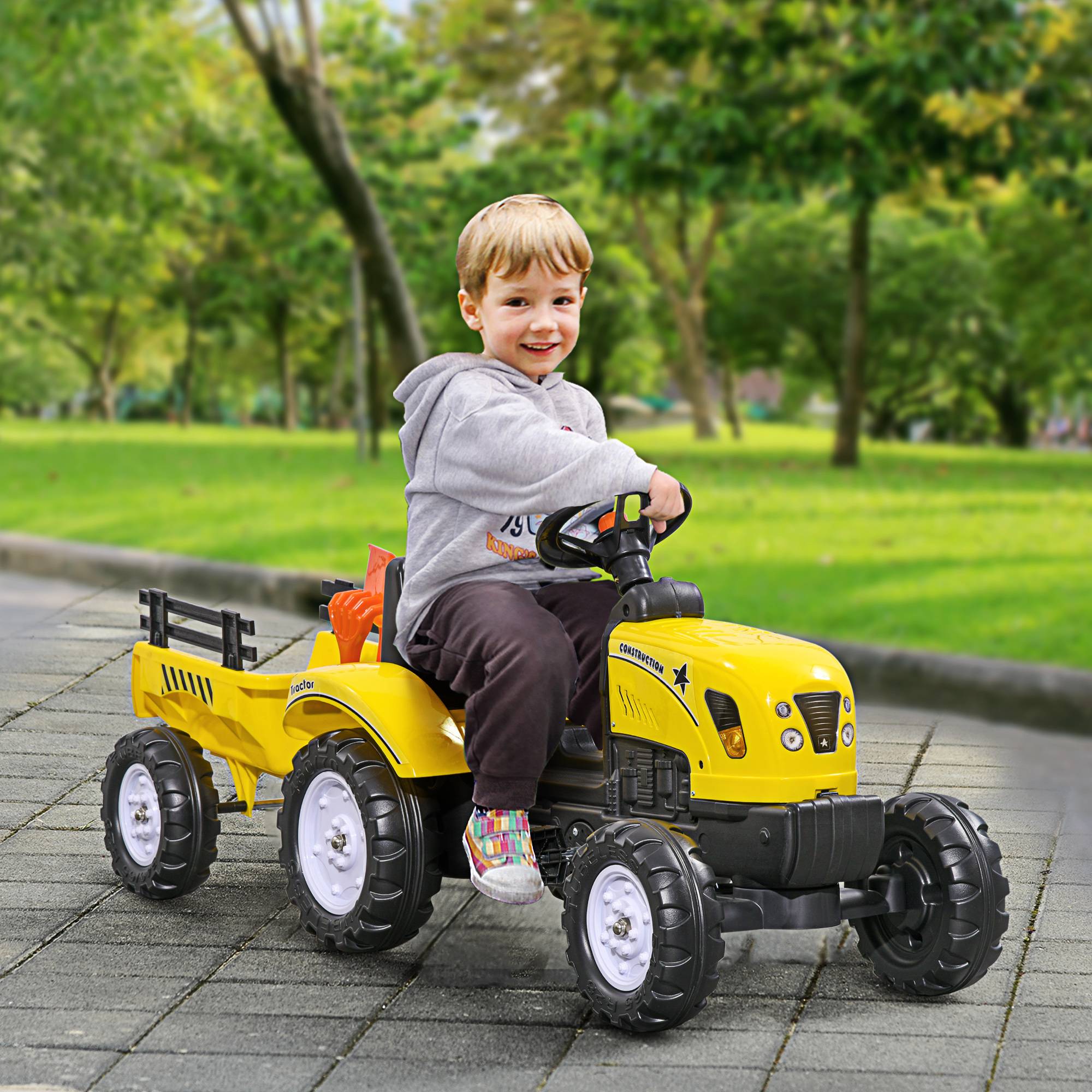 Sans Marque - Tracteur pédales remorque outils klaxon 3 ans métal noir jaune 133x42x51 cm - Image 3
