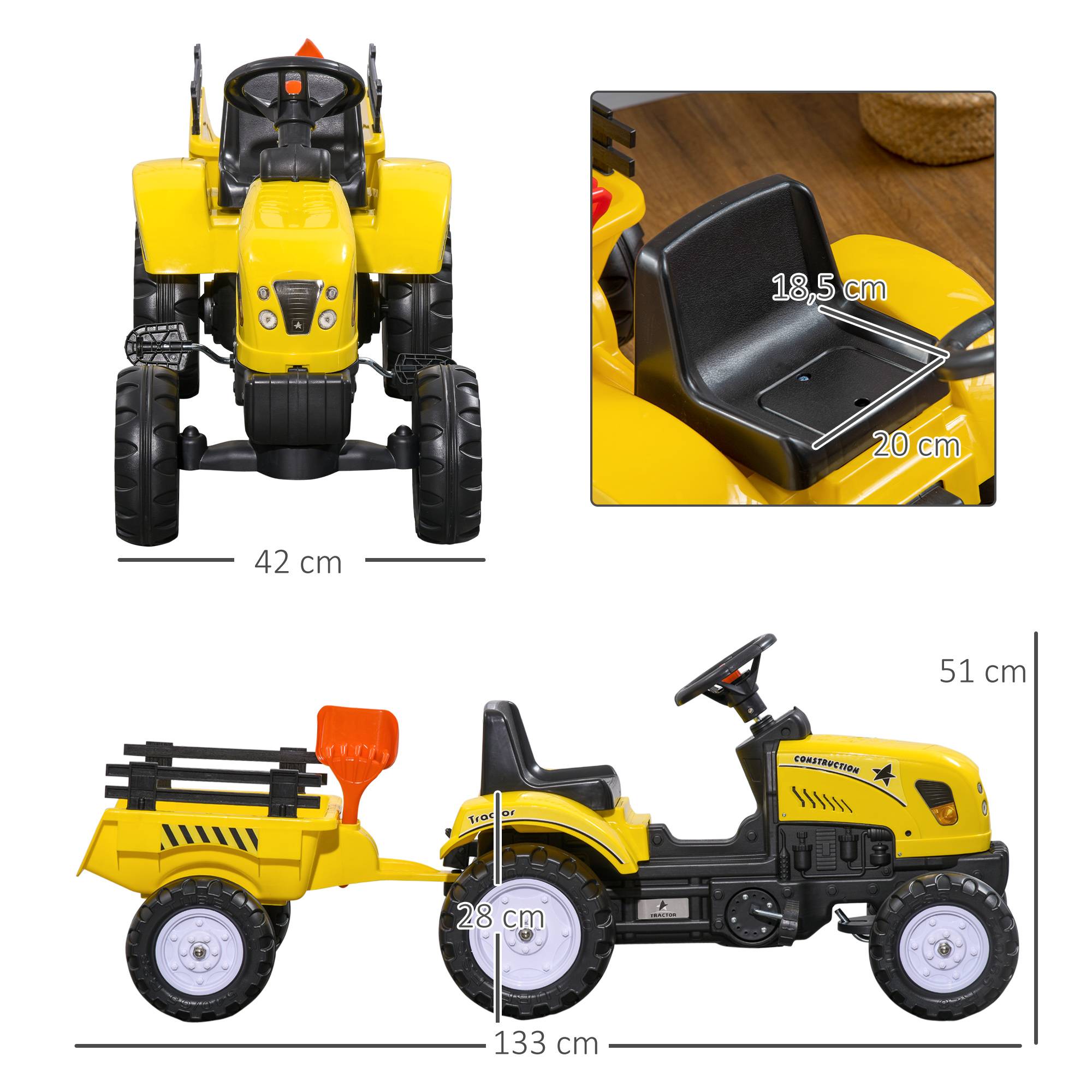 Sans Marque - Tracteur pédales remorque outils klaxon 3 ans métal noir jaune 133x42x51 cm - Image 5