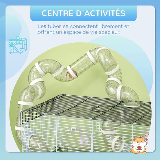Cage hamster rongeur tunnel et accessoires inclus, fil d'acier, 58x32x31cm, gris - Image 6