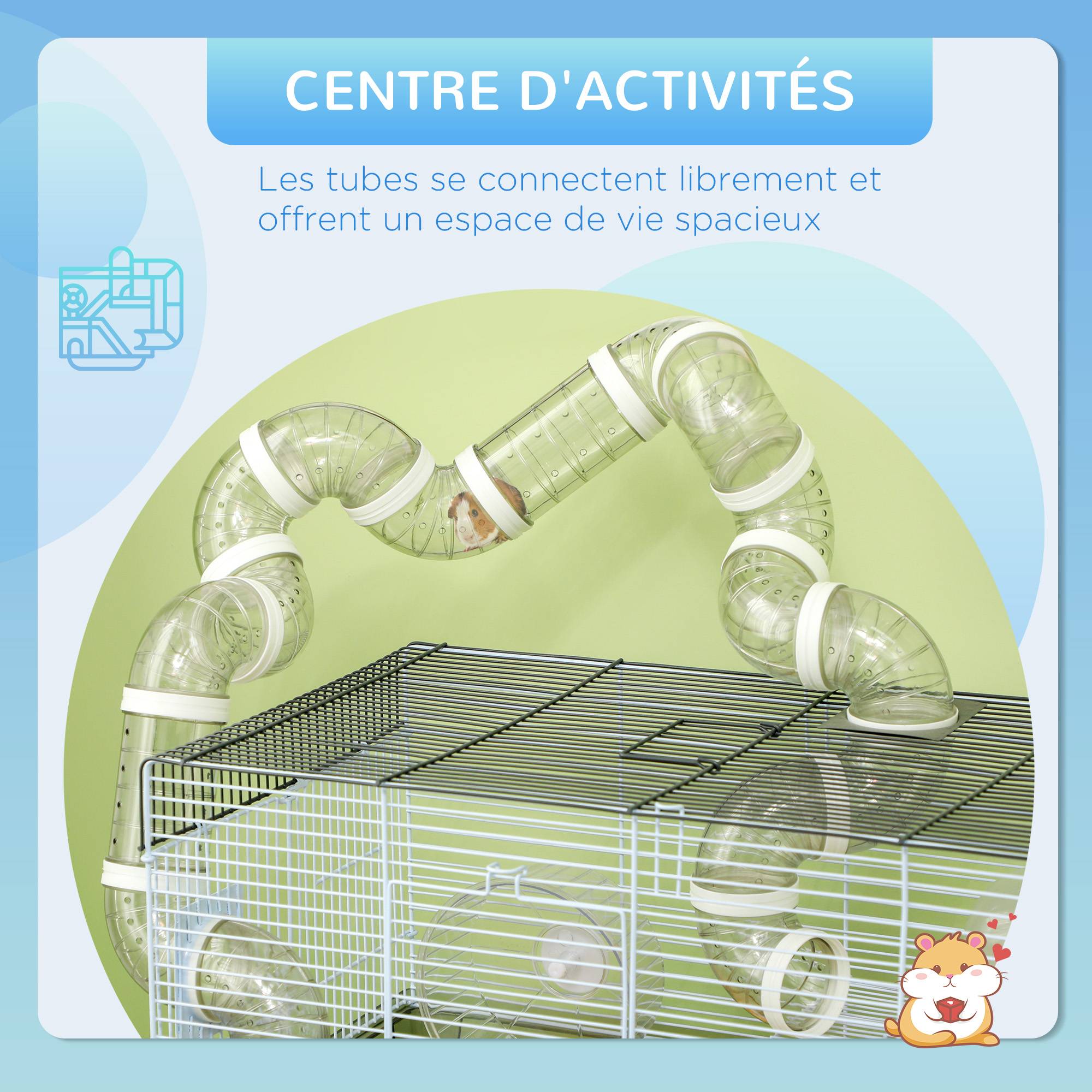 Cage hamster rongeur tunnel et accessoires inclus, fil d'acier, 58x32x31cm, gris - Image 6