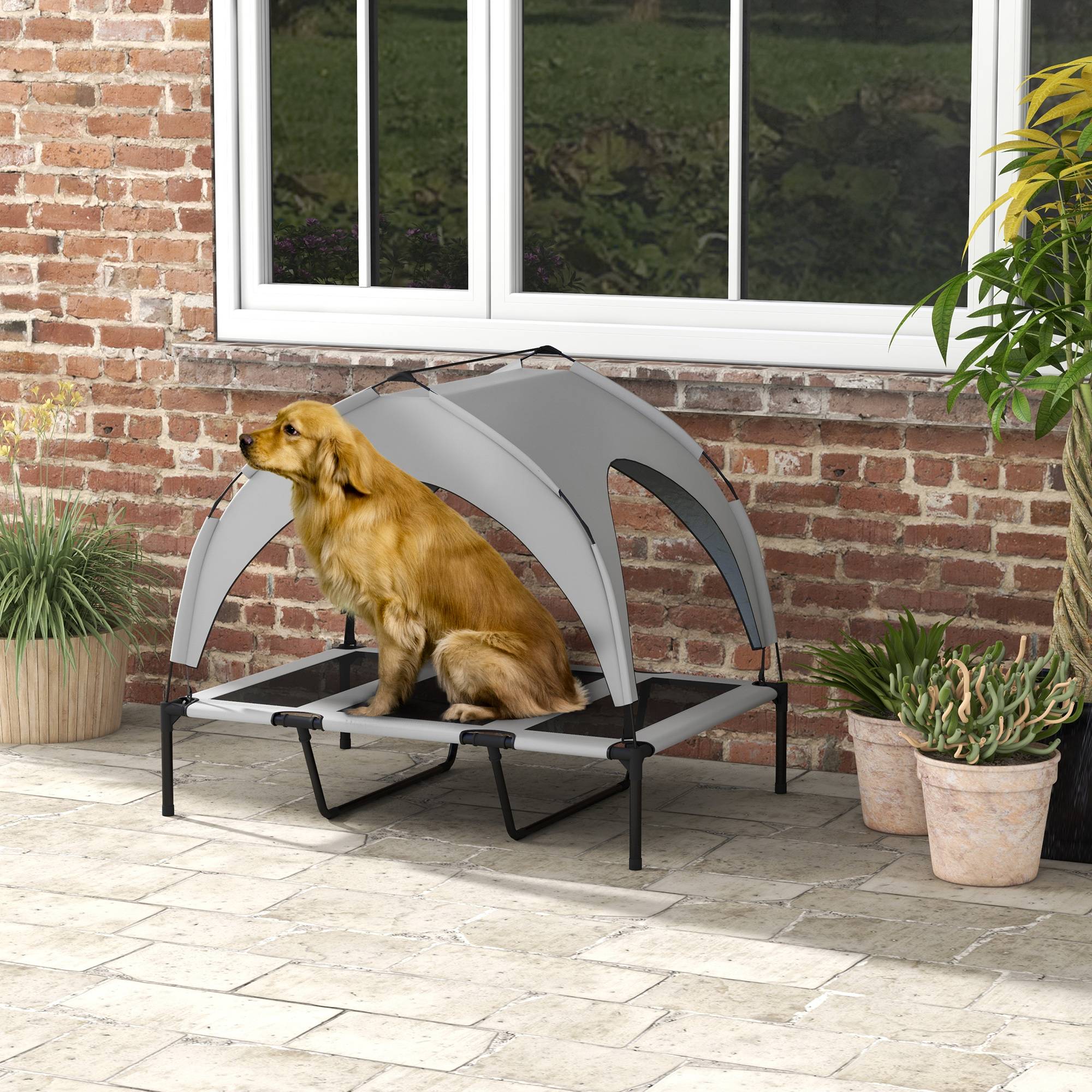 Lit pour chien surélevé avec toit, tissu Oxford gris clair, 106 x 76 x 94 cm - PANGIVO - Image 2