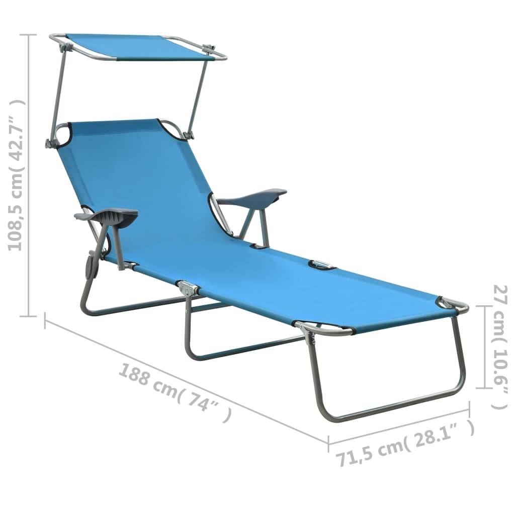 Helloshop26 - Transat chaise longue bain de soleil lit de jardin terrasse meuble d'extérieur 188 cm avec auvent acier bleu - Image 7