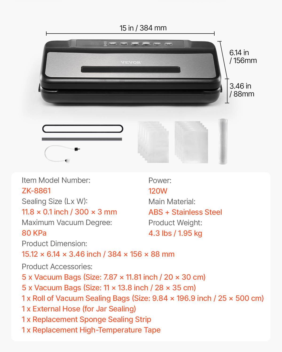 VEVOR Machine sous vide alimentaire 120W, scellage air auto 7 en 1 compacte 80 kPa. - Image 7