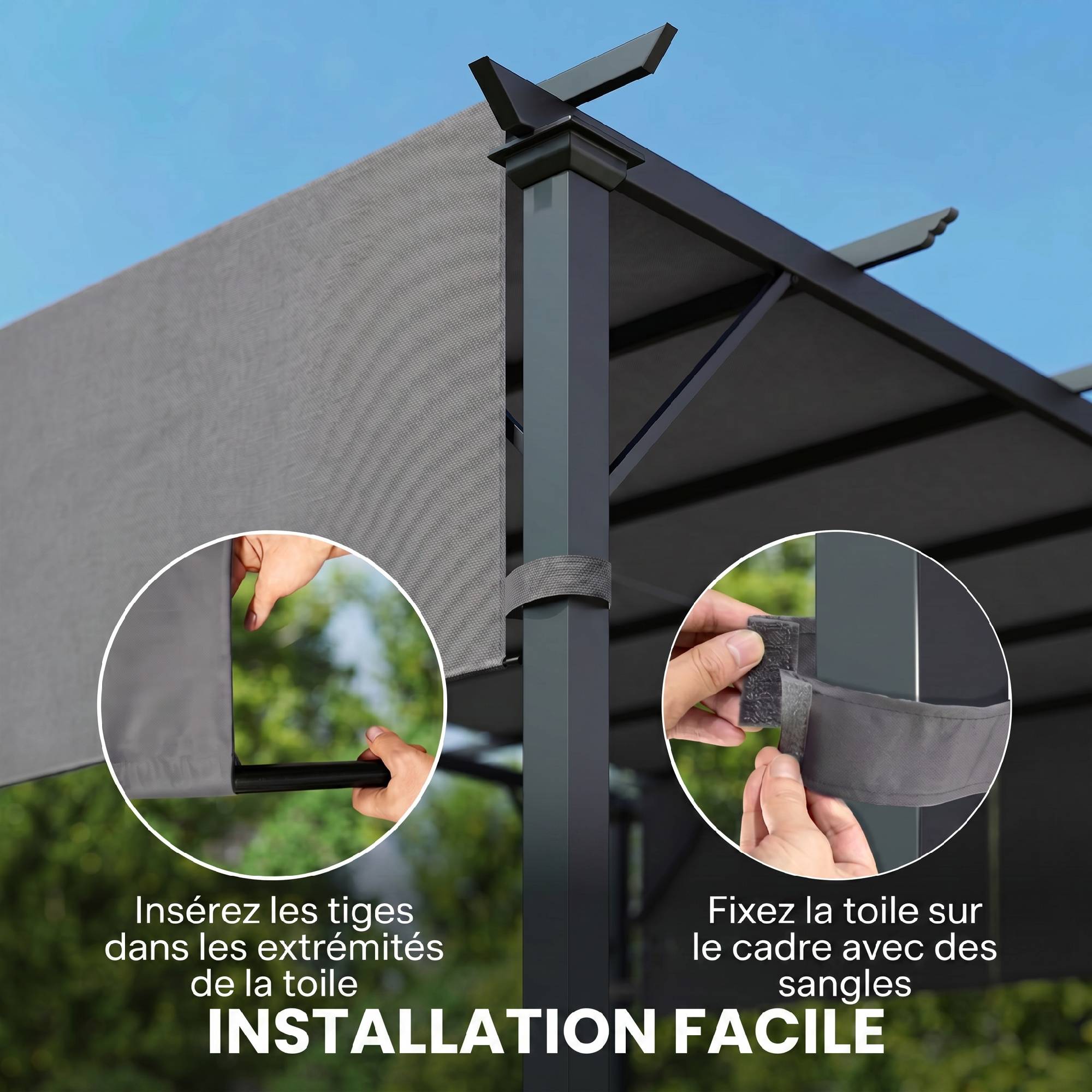 Lot de 2 toiles de rechange pergola rétractable 4,9 x 1,2 m pour pergola de 3 x 3 m polyester protection UV gris foncé - Image 8