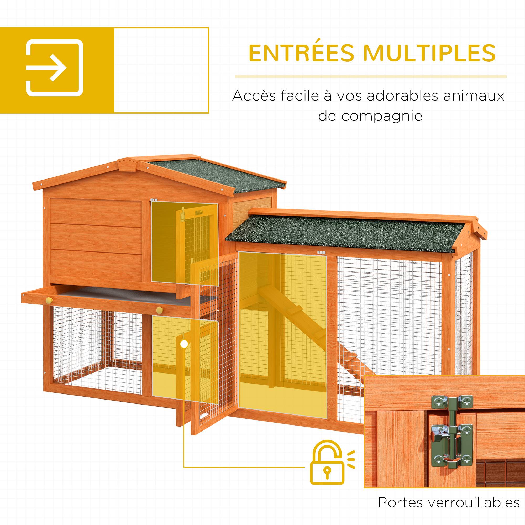 Clapier cage à lapins rongeurs 2 niveaux 3 portes verrouillables tiroir à déjection 150L x 45l x 85H cm bois - Image 7
