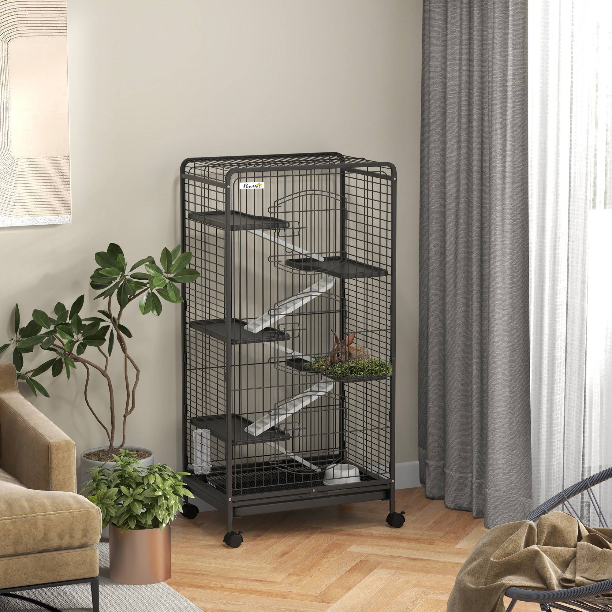 Cage chinchilla métal furet intérieur 5 niveaux roulante 61x44x131cm noir - ComfortXL Outdoor Living - Image 4