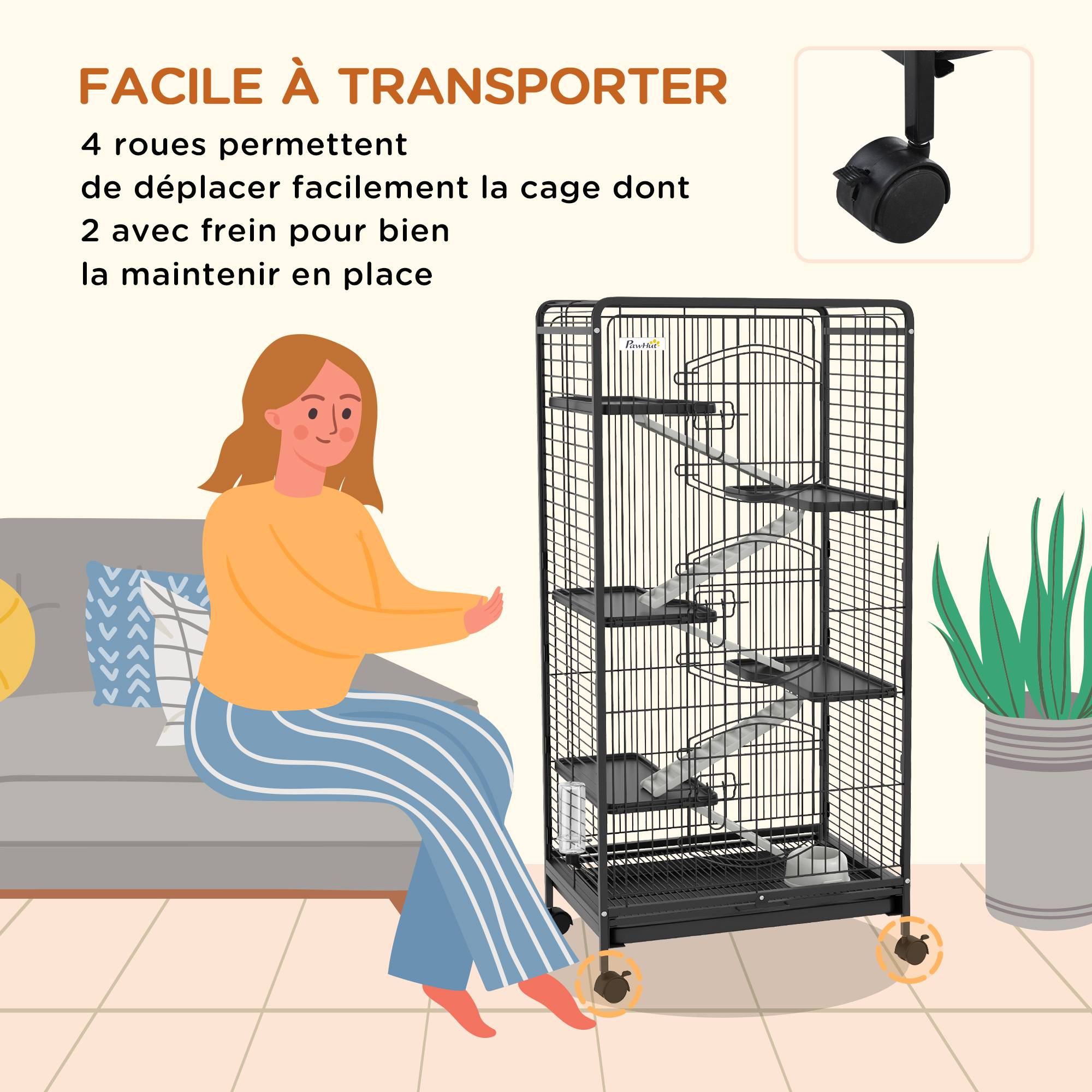 Cage chinchilla métal furet intérieur 5 niveaux roulante 61x44x131cm noir - ComfortXL Outdoor Living - Image 7