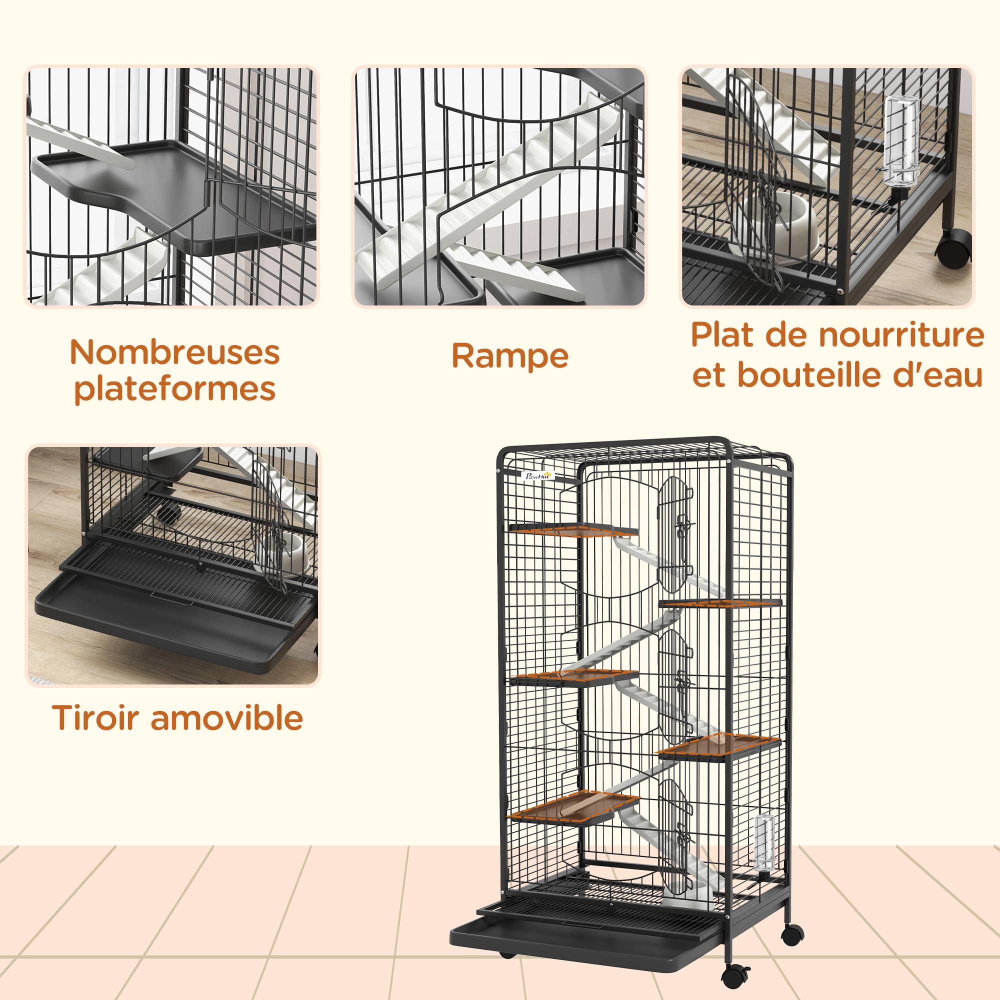 Cage chinchilla métal furet intérieur 5 niveaux roulante 61x44x131cm noir - ComfortXL Outdoor Living - Image 8