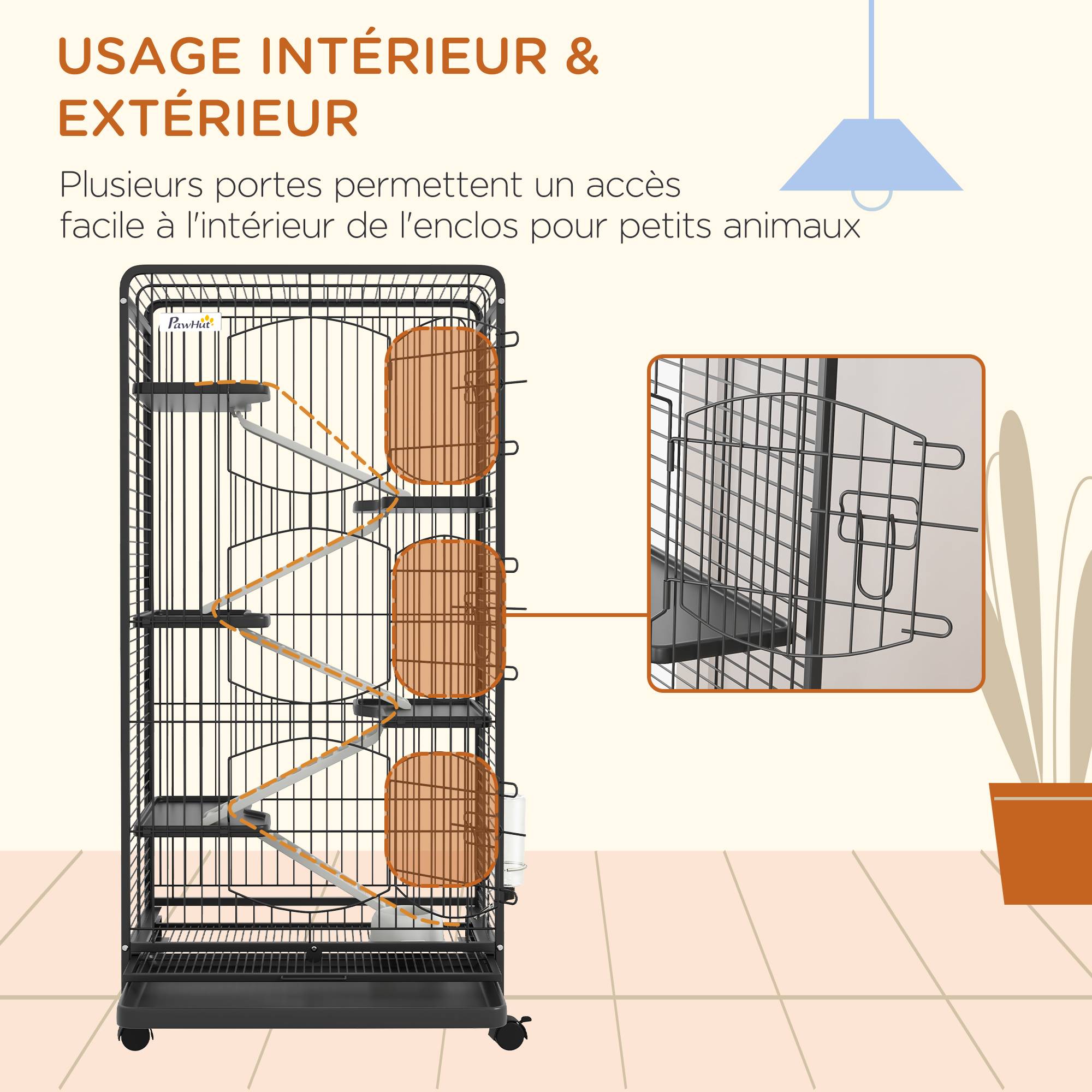 Cage chinchilla métal furet intérieur 5 niveaux roulante 61x44x131cm noir - ComfortXL Outdoor Living - Image 9