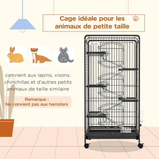 Cage chinchilla métal furet intérieur 5 niveaux roulante 61x44x131cm noir - ComfortXL Outdoor Living - Image 6